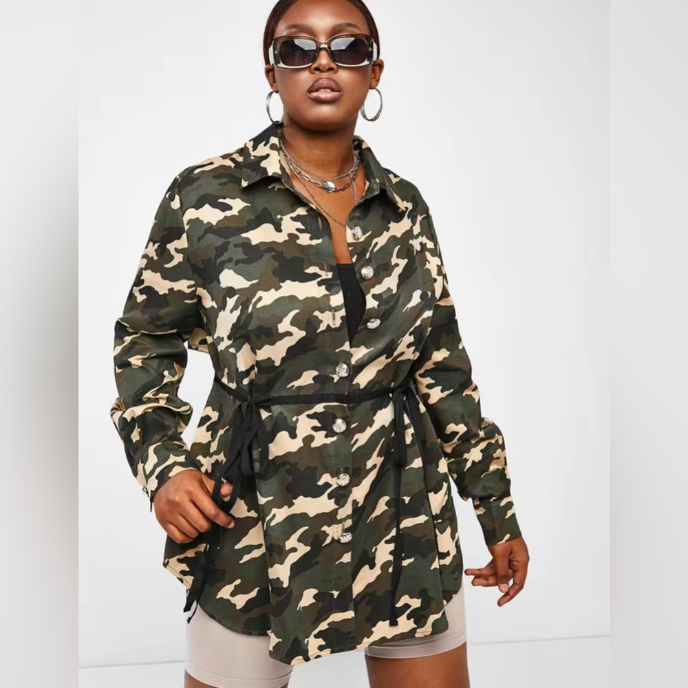 Plus Size Camo Print Button Front High Low Coat Outerwear - Picture 1 of 9